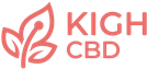 KIGH CBD logo with a coral-colored leaf and plant icon beside bold text